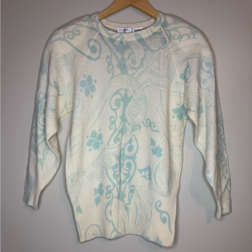 Vintage Systems by FWM Lambswool Sweater Blue Cream‎ Floral Size M